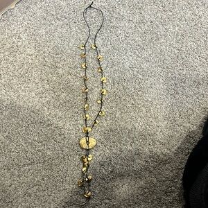 Handmade necklace , black cord and gold metal discs